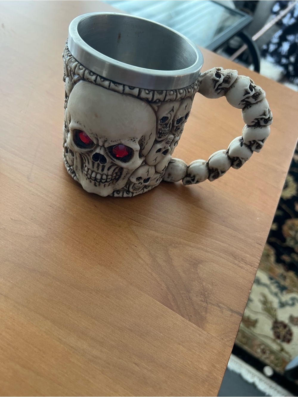 Skull Resin Mug with Red Gem Eyes - White Bone Accent